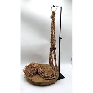 Vintage Macrame Plant Hanger Brown Wooden Bead Mid Century